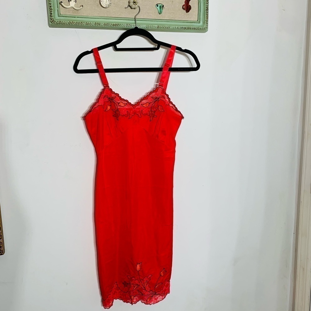 Vintage red embroidered lace slip dress medium womens